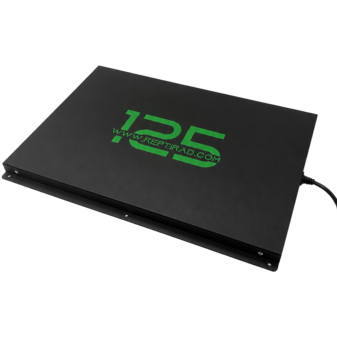 ReptiRad 125W heat panel at a three-quarter angle, showing its black casing, green branding, mounting flange and power cable.