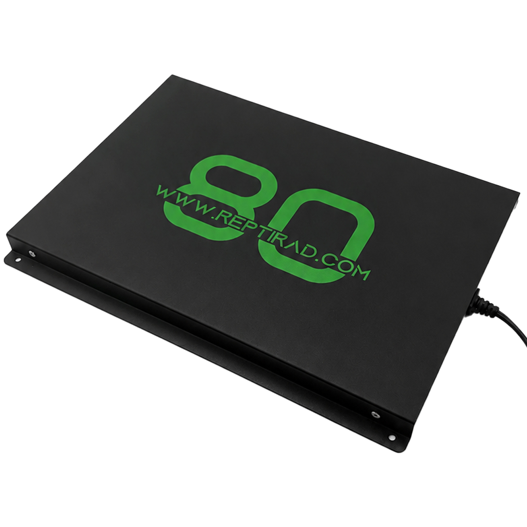 ReptiRad 80W heat panel at a three-quarter angle, showing its black casing, green branding, mounting flange and power cable.