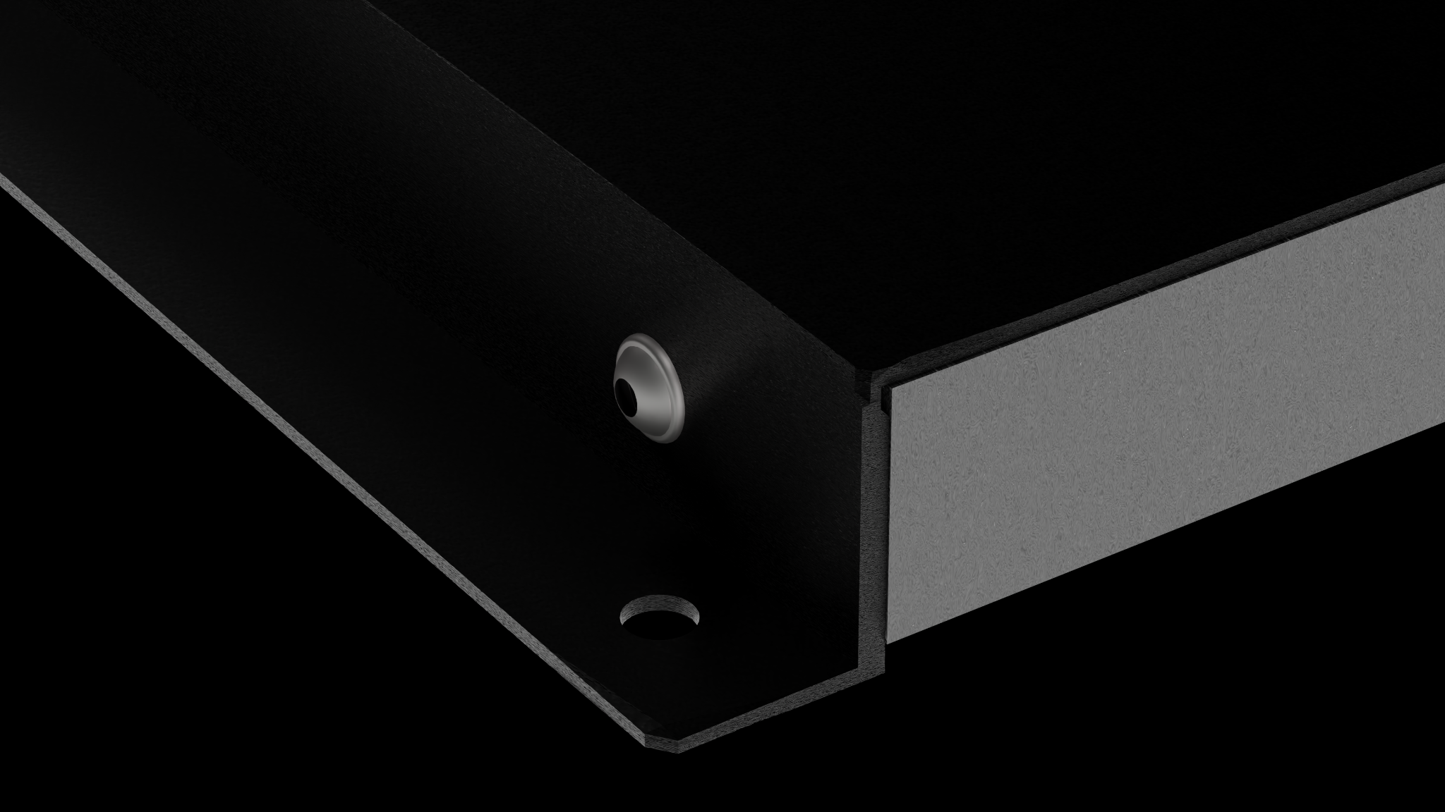 Close-up of the ReptiRad steel casing corner, showing the textured finish, fastener and mounting hole.
