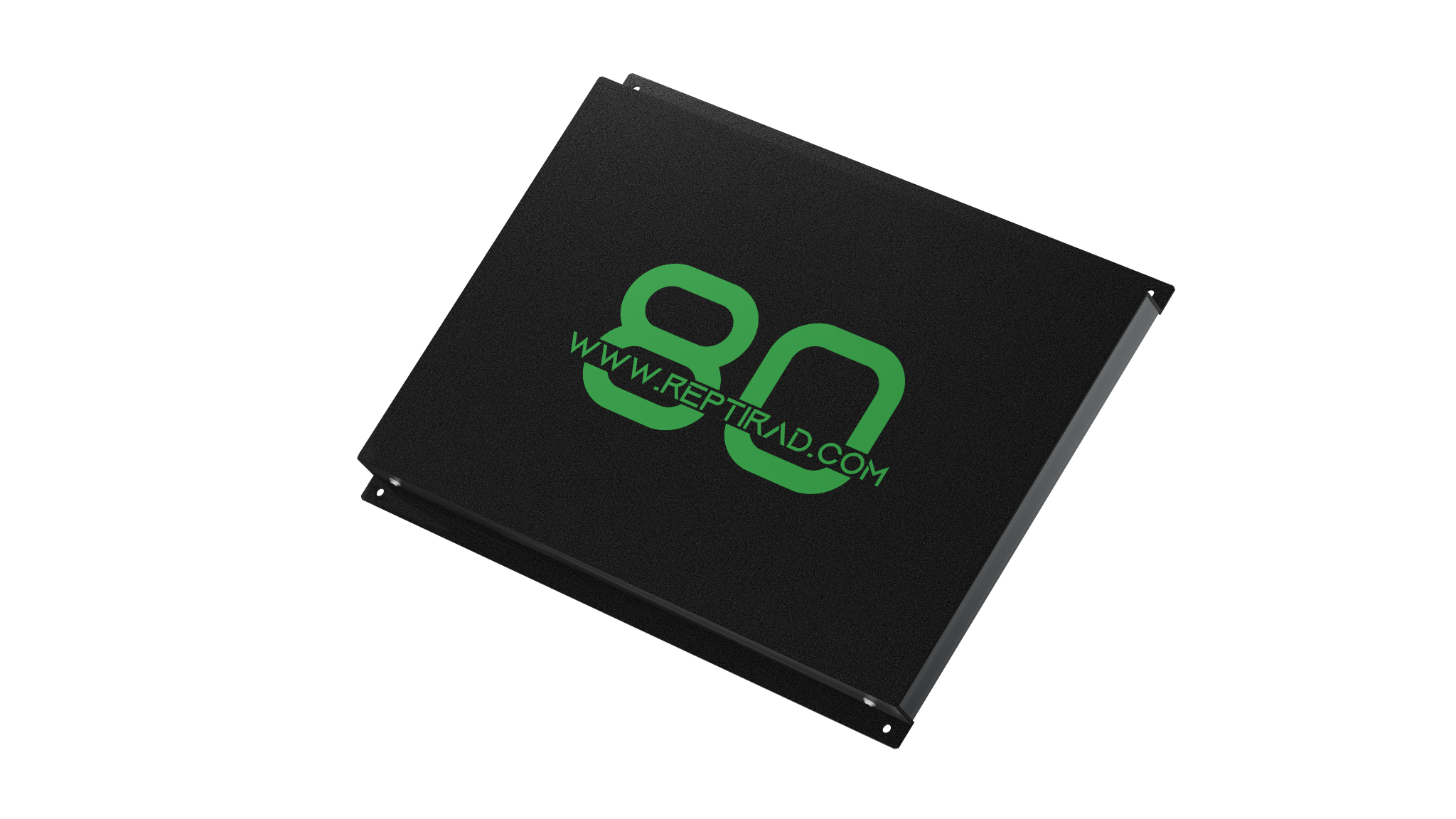 Three-quarter view of a ReptiRad 80W heat panel, showing its heating face and slim steel casing isolated against the page background.